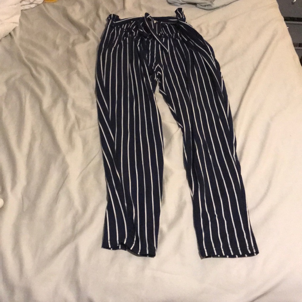 Stretchy navy blue and white striped pants